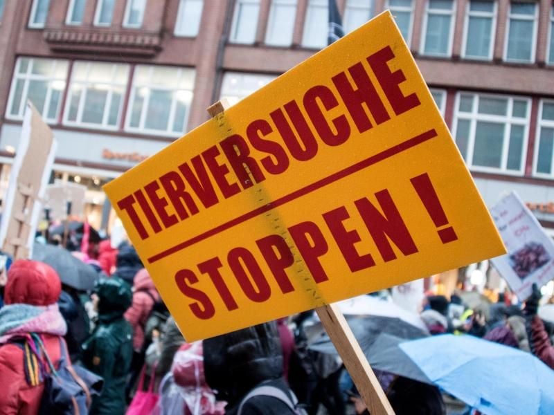 Demonstranten ziehen mit einem Schild mit der Aufschrift "Tierversuche stoppen!" durch Hamburg. Foto: Daniel Bockwoldt/dpa/Archivbild
