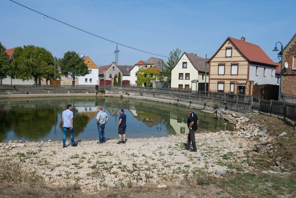 Die Besonderheit des Rundlings: Momentan führt der große Teich, um den Großwilsdorf angelegt ist, durch die Dürre extrem wenig Wasser. Der kleinere der beiden Teiche ist vor wenigen Jahren saniert worden.