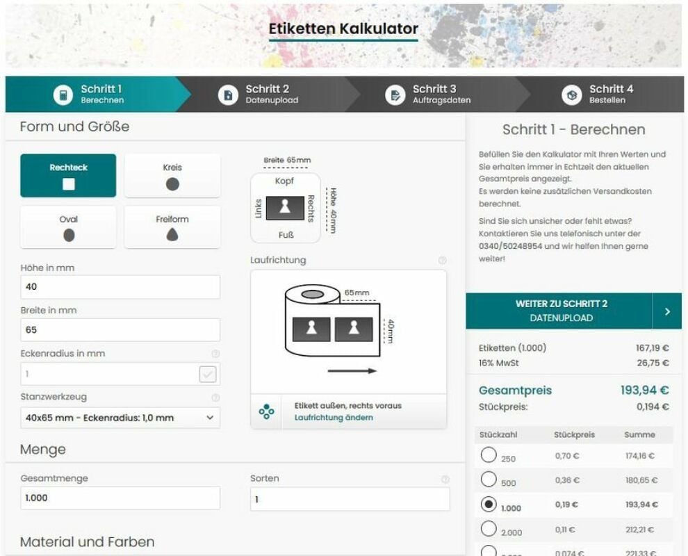 Im Etiketten-Kalkulator lassen sich alle Parameter bequem eintragen.