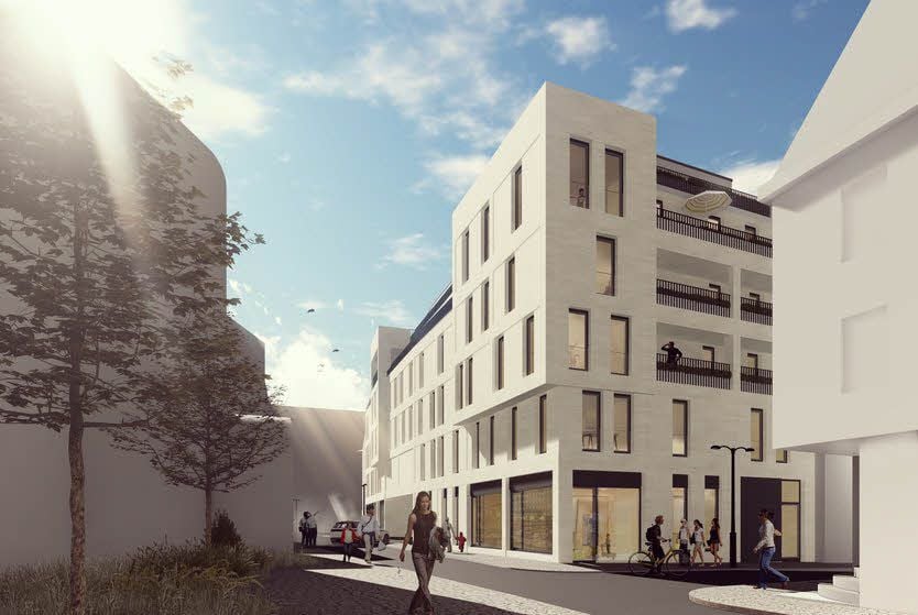 So soll der Neubau in der Kleinen Steinstraße, hier in Blickrichtung Rathausstraße, aussehen - rechts geht es in die Brüderstraße.