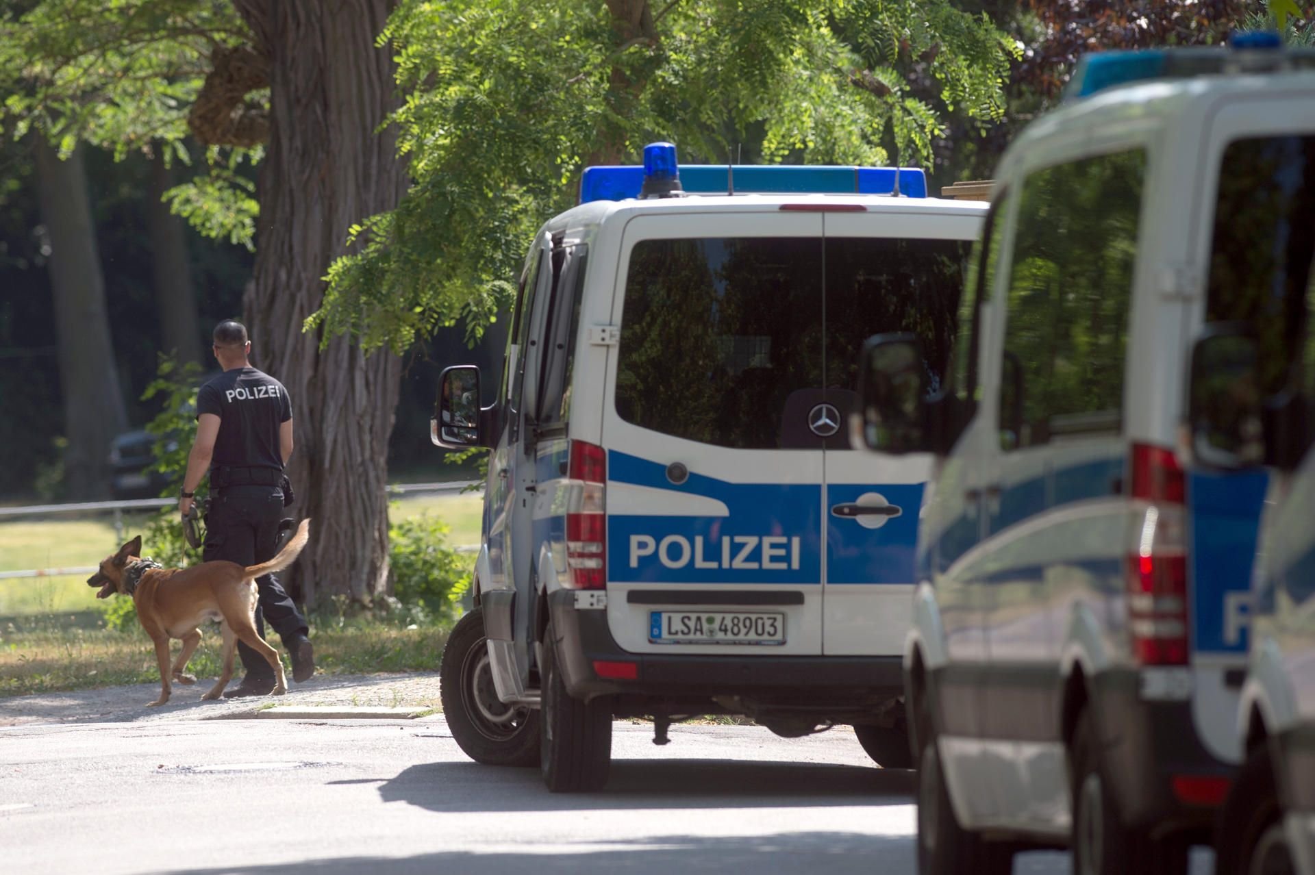 Ein Polizist geht mit Diensthund an Polizeifahrzeugen vorbei. In Quedlinburg kamen am Abend die Innenminister zu einem Abendessen zusammen.