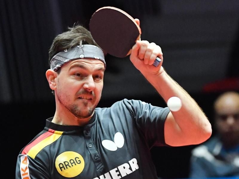 In Aktion gegen den Schweden Mattias Karlsson: Timo Boll. Foto: Jonas Ekstromer/TT News Agency/AP