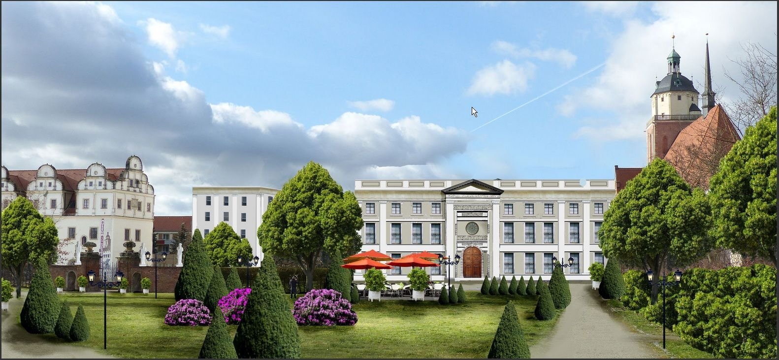 Blick auf die Rückseite des neuen Gartenreich-Hotels am wiederhergestellten Lustgarten.