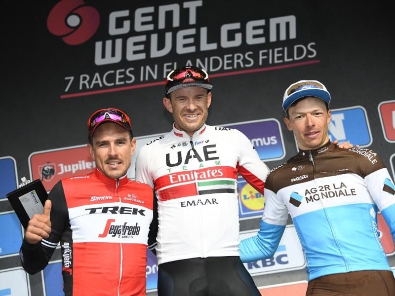 John Degenkolb (l-r), Alexander Kristoff und der Oliver Naesen. Foto: Yorick Jansens/BELGA
