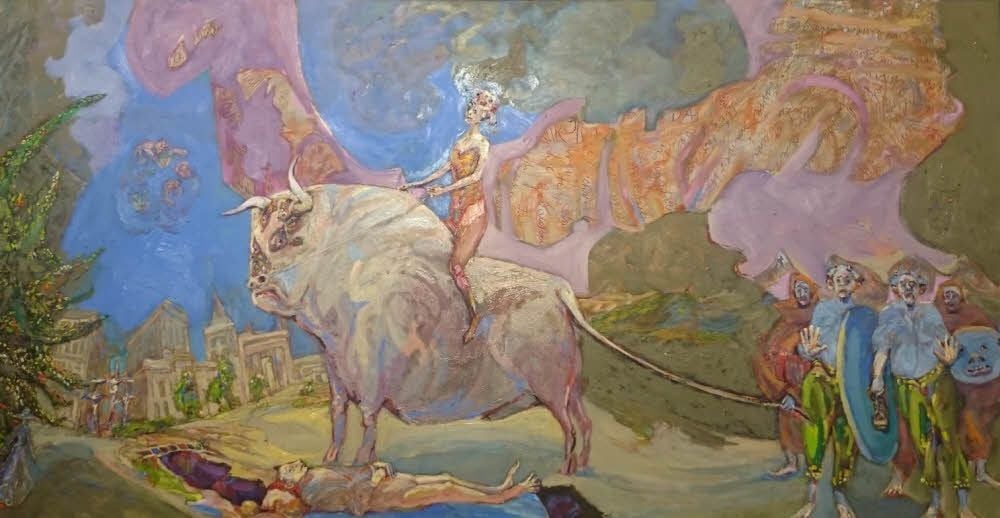 „Europa und ihre Narren“ heißt eines der rund 100, überwiegend großformatigen Bilder der Malerin Antoinette, die bis zum 5. November in Eberswalde zu sehen sind.