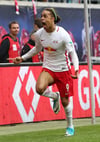 Yussuf Poulsen (RB Leipzig) jubelt nach 1:0-Führung.