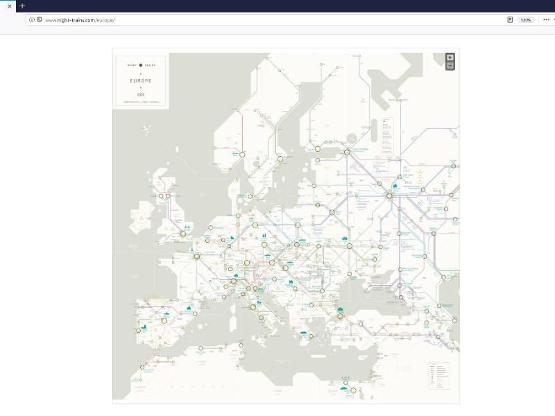Ein erstaunliches Gewimmel: Auf Night-Trains.com lässt sich sehen, wie viele Nachtzüge in Europa unterwegs sind. Auch für die anderen Weltregionen gibt es Karten. Foto: Night-trains.com/dpa-tmn