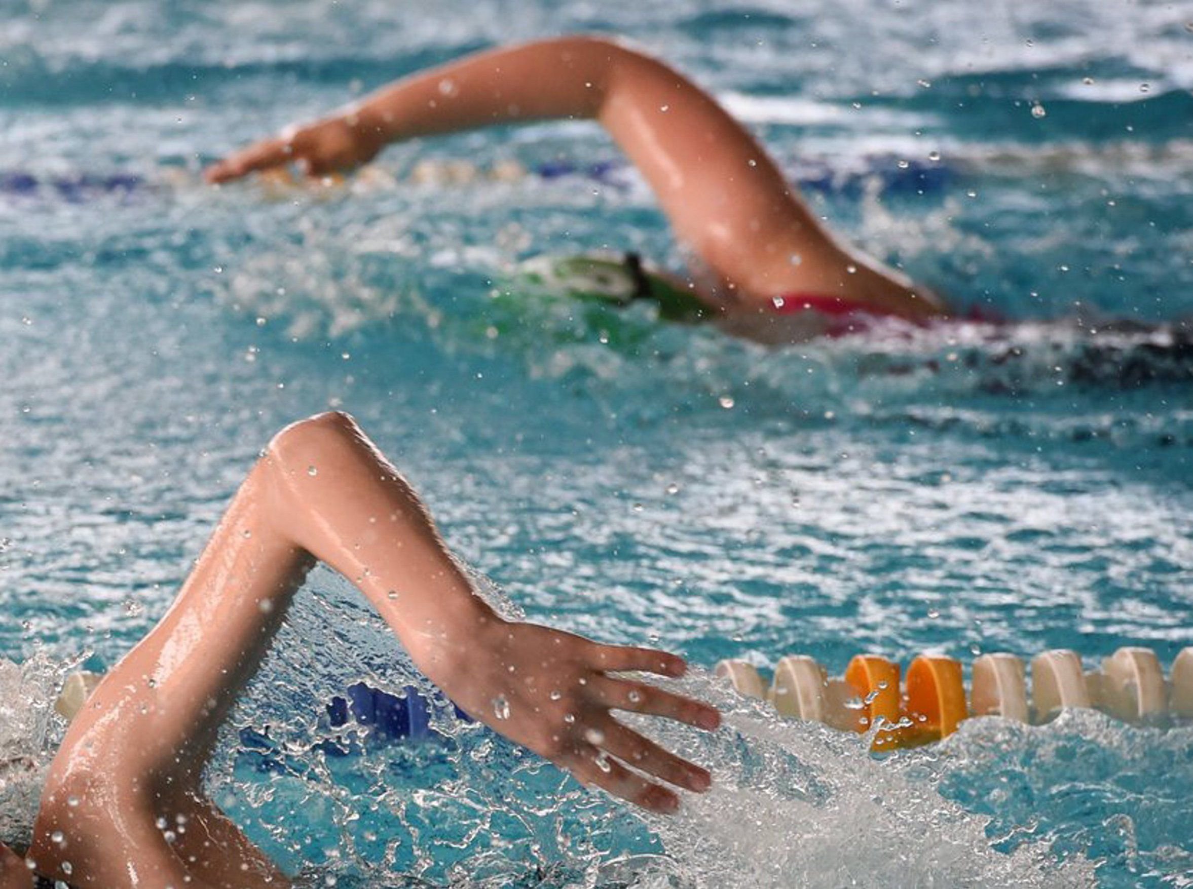 Schwimmer im Wasser während eines Wettkampfes.