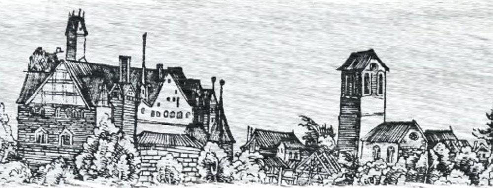 Dieser Ausschnitt aus einem Holzschnitt von Lucas Cranach zeigt das Jagdschloss Lochau und die um 1517 neu erbaute Kirche zu Lochau, dem heutigen Annaburg.