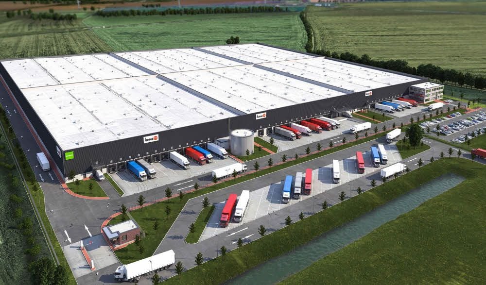 Die Visualisierung des Immobilienentwicklers Goodman zeigt das neue Logistzentrum von „mobil24“, das bis 2019 fertig sein soll.