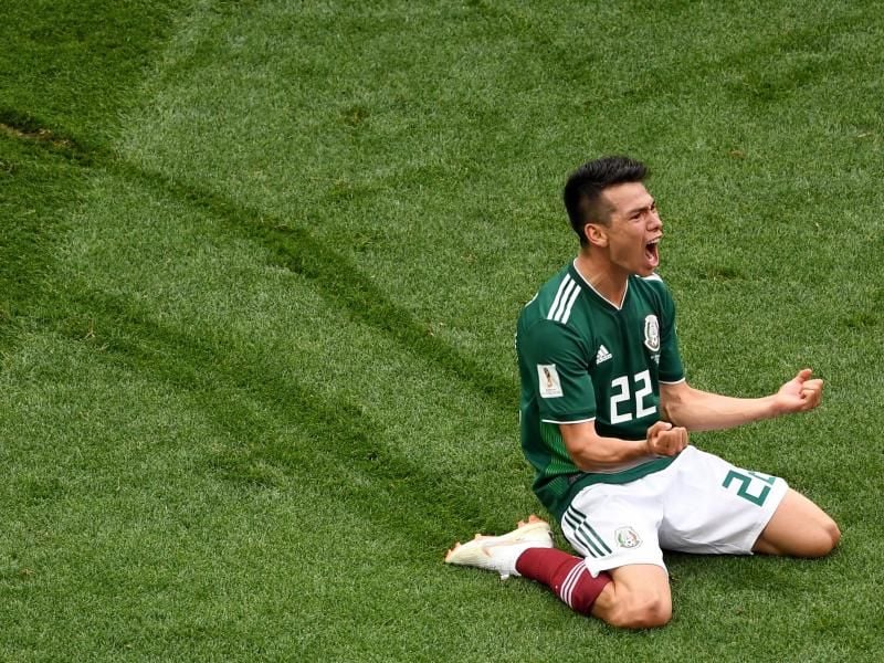 Hirving Lozano aus Mexiko jubelt nach seinem Tor zum 1:0 gegen Deutschland. Foto: Wang Yuguo/Xinhua