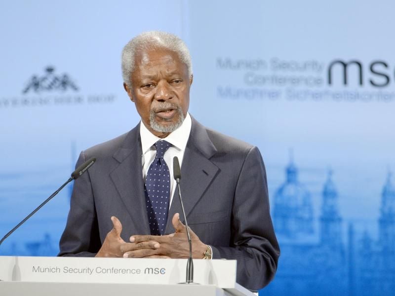 Der ehemalige UN-Generalsekretär Kofi Annan spricht im Dezember 2015 bei der 51. Sicherheitskonferenz im Hotel Bayerischer Hof in München. Foto: Andreas Gebert