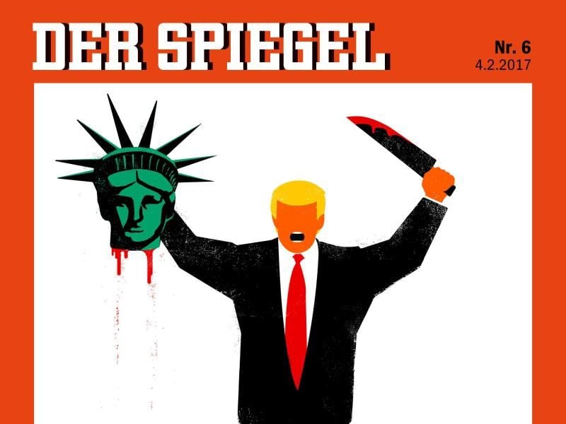 Das Cover zeigt US-Präsident Trump mit einem blutigen Messer, dem abgeschlagenen Kopf der Freiheitsstatue und dem Schriftzug "America First". Foto: Edel Rodriguez/Der Spiegel