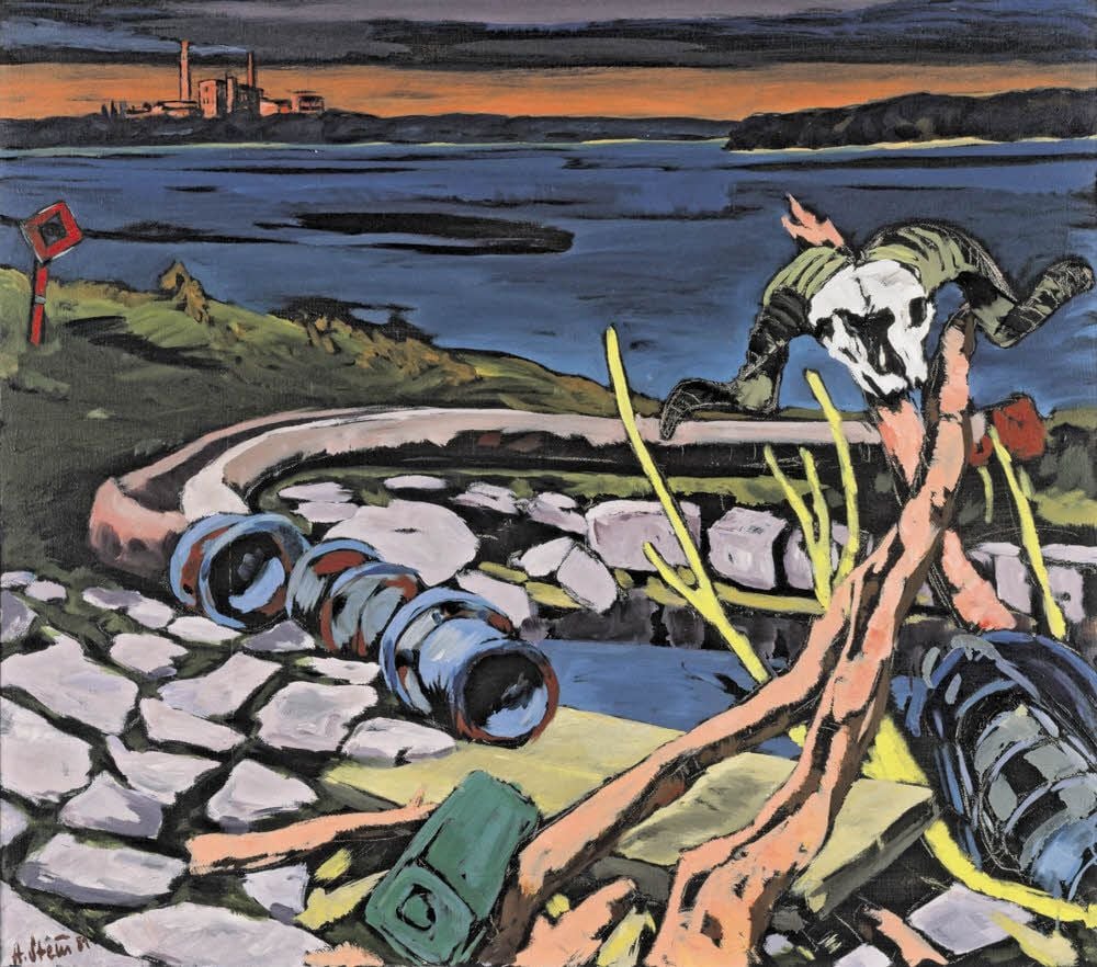 Hans Stein: Elbuferlandschaft mit Schädelfund, Öl auf Leinwand, 1981