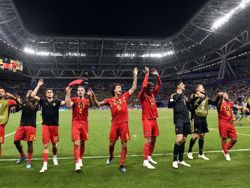 Die Belgier feiern den Sieg gegen Brasilien. Foto: Dirk Waem/BELGA