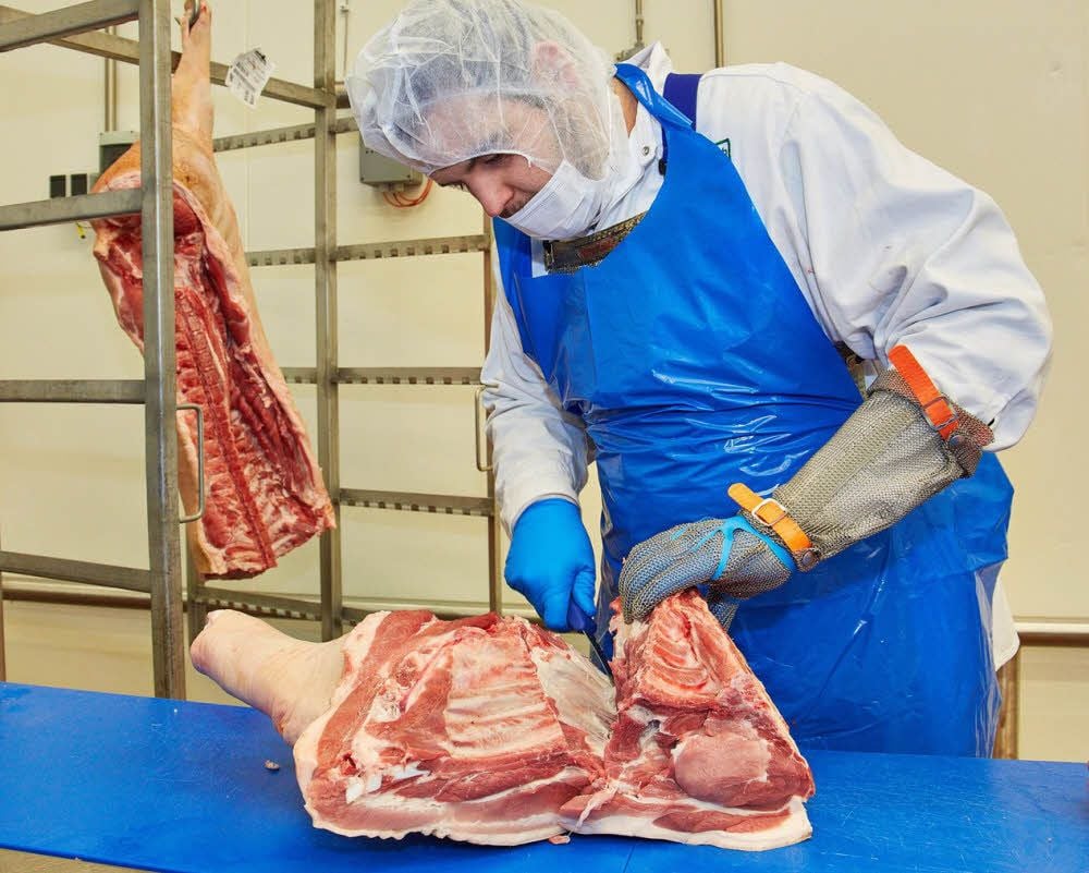 Fleischer-Lehrling Hannes Dittmann zerlegt im Lehrlingsraum des Wurst- und Fleischproduzenten „Bauerngut“ eine Schweinehälfte. Der 21-Jährige braucht eine Stunde, um 40 verwertbare Stücke herauszulösen.
