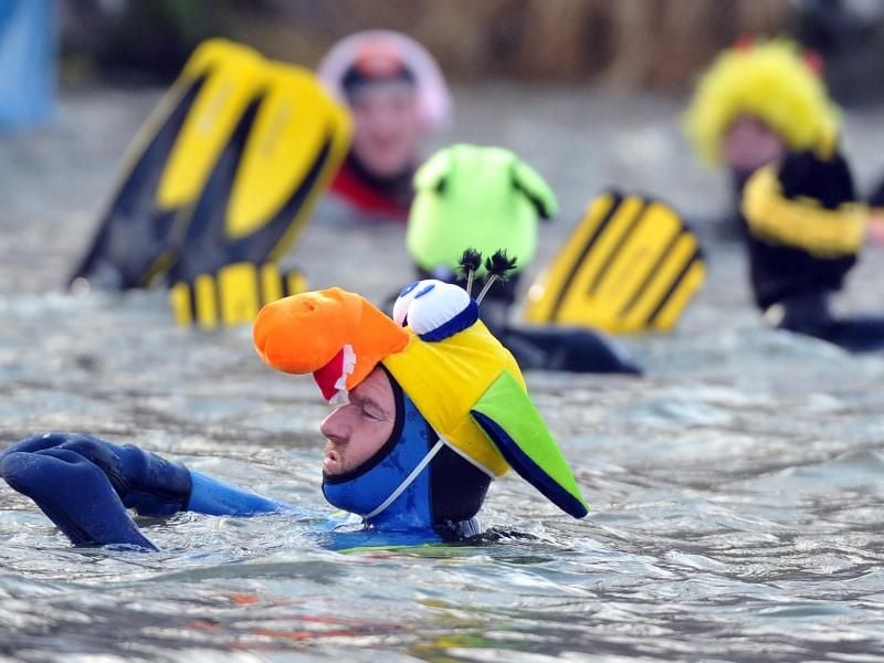Kostümierte Schwimmer in Neuburg an der Donau im Wasser. Foto: Stefan Puchner
