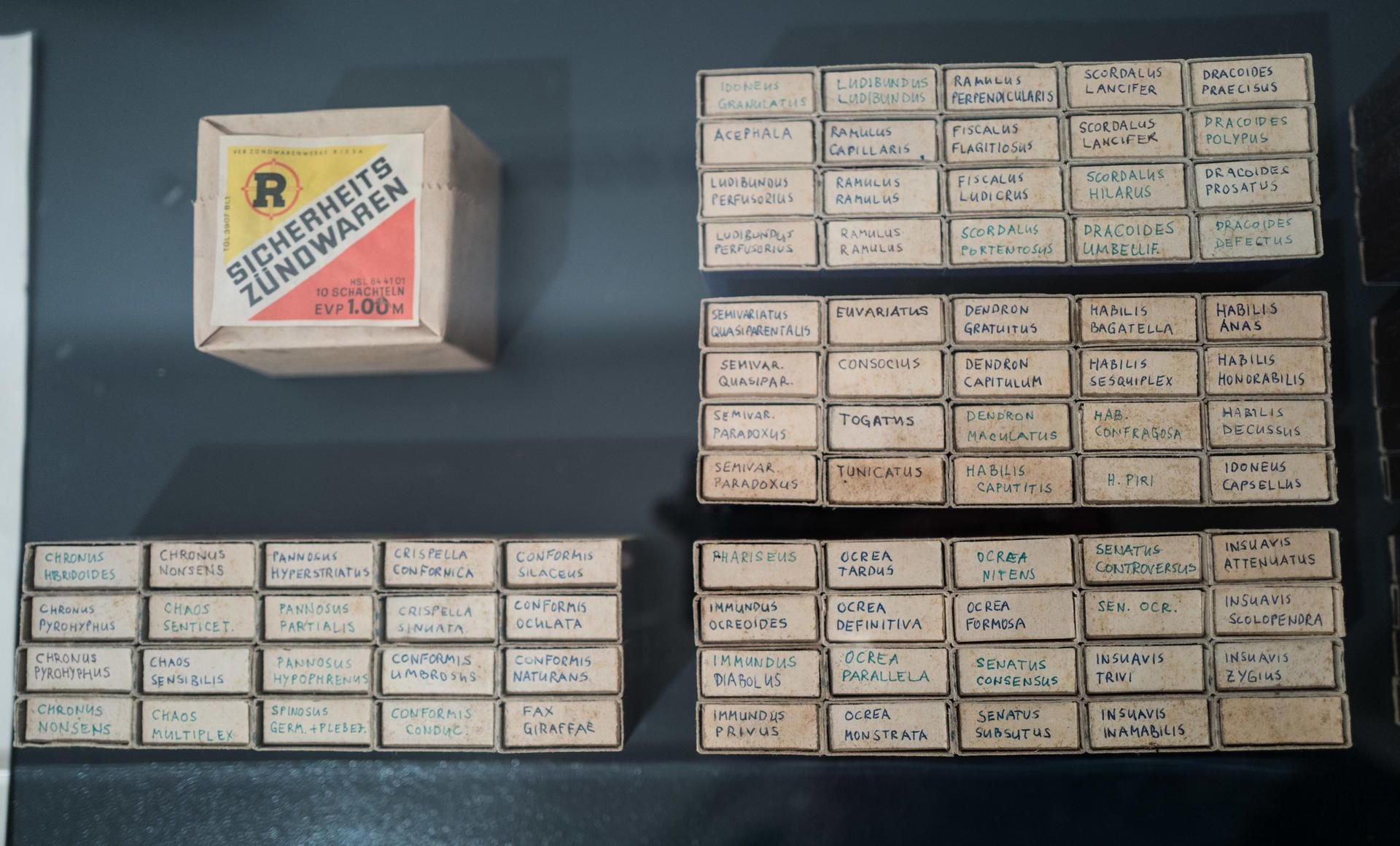Blick auf beschriftete Streichholzschachteln in der Streichholzausstellung "Lumomonsterologie" des Sammlers Peter Herbert im Museum der Dinge in Berlin.