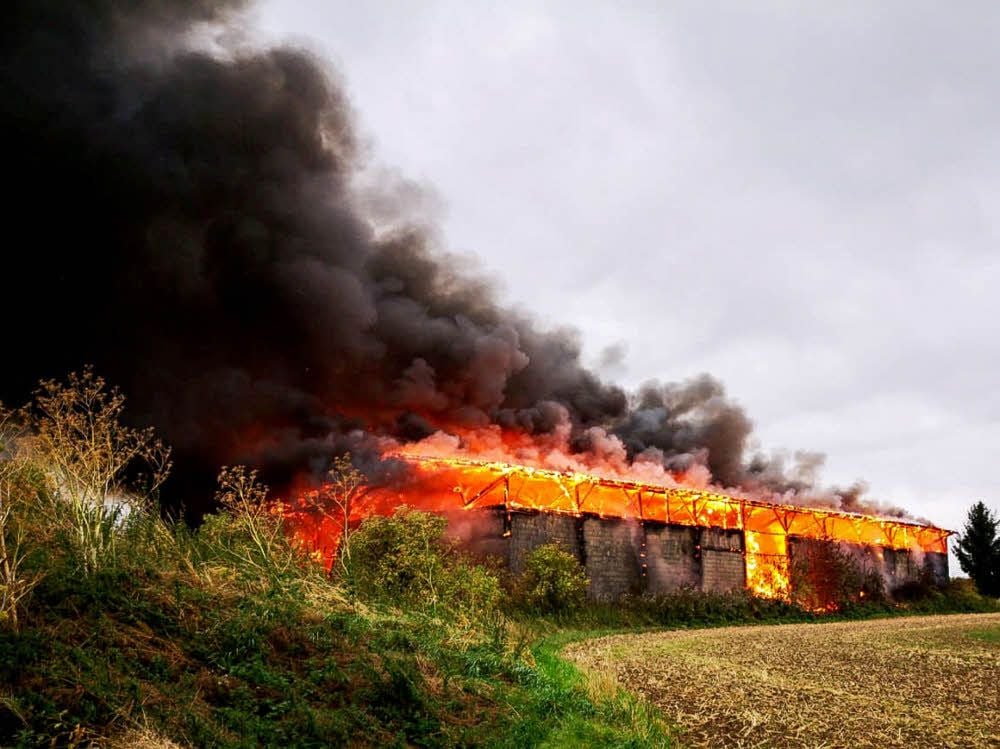 Die Feldscheune bei Droyßig stand Montagmorgen komplett in Flammen.