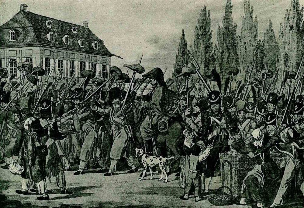 Französische Truppen 1806 beim Durchmarsch in einer sächsischen Stadt: Das Bild stammt von Christian Gottfried Heinrich Geißler.