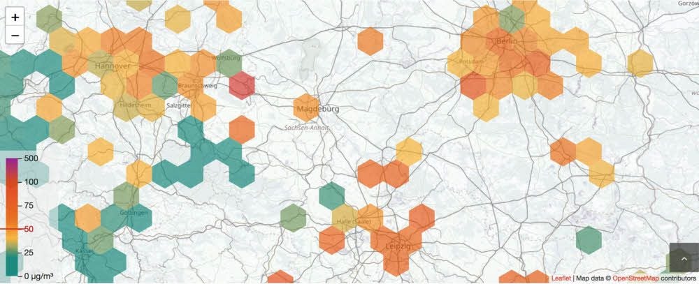 Feinstaub-Karte - Die Karte ist eine Bildschirmaufnahme der Webseite www.luftdaten.info. Sie zeigt die aktuellen Messungen der Feinstaubsensoren.
