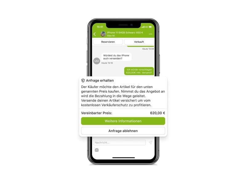 In der App muss der Käufer „Sicher bezahlen” initiieren. Schließlich trägt er die Gebühren. Der Verkäufer muss diesem Bezahlweg dann zustimmen (Bild) und den Artikel versichert versenden. Foto: Ebay-Kleinanzeigen/dpa-tmn