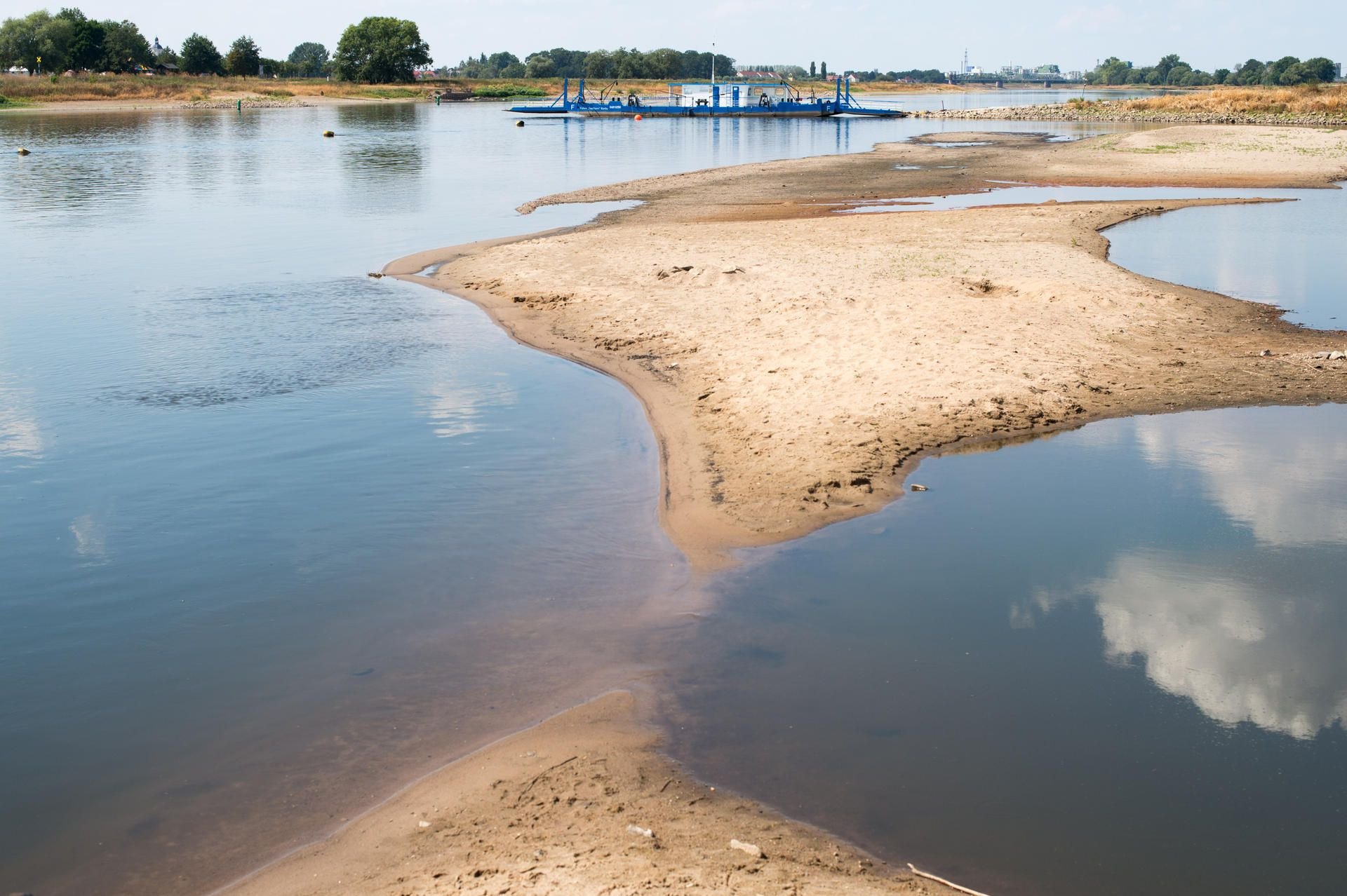 Trockengefallene Sandbänke sind im Juli 2018 in der Elbe zu sehen. Dahinter hat die Elbfähre Elbfähre „Saalhorn Barby“ festgemacht.