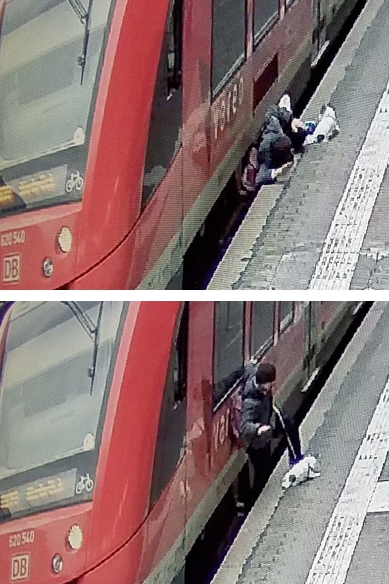 Die Kombo aus Fotos der Bundespolizei zeigt einen Mann, der im Bonner Hauptbahnhof zwischen Bahnsteigkante und Regionalbahn gefallen ist (oben).