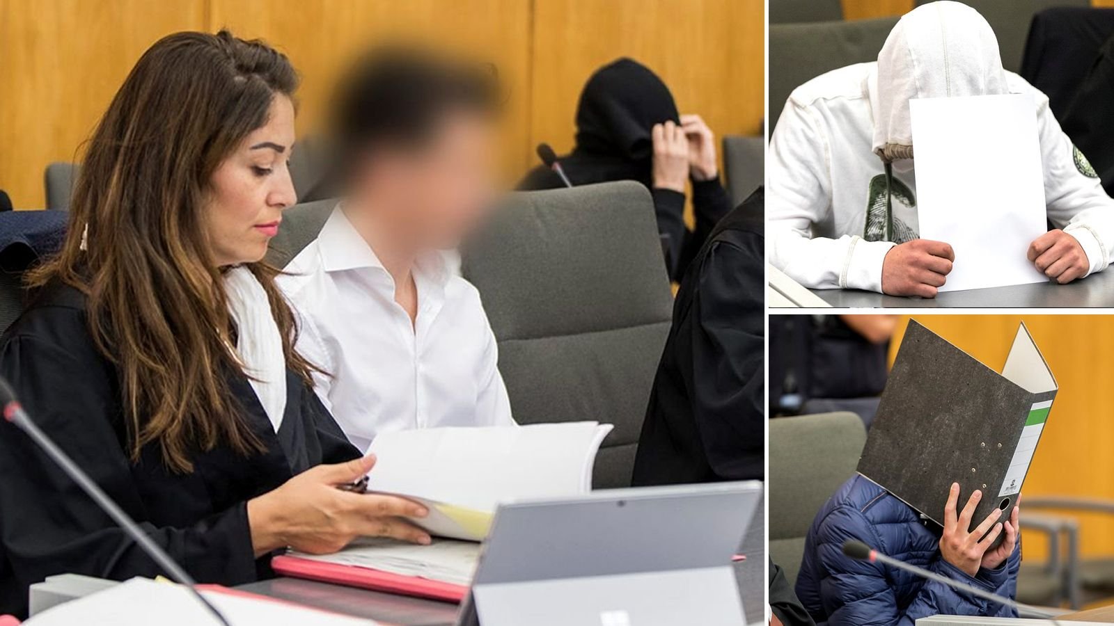 Die Angeklagten im Gerichtssaal neben ihren Anwälten. Am Freitag begann der Prozess gegen fünf junge Männer, die im Ruhrgebiet mehrere Schülerinnen vergewaltigt haben sollen.