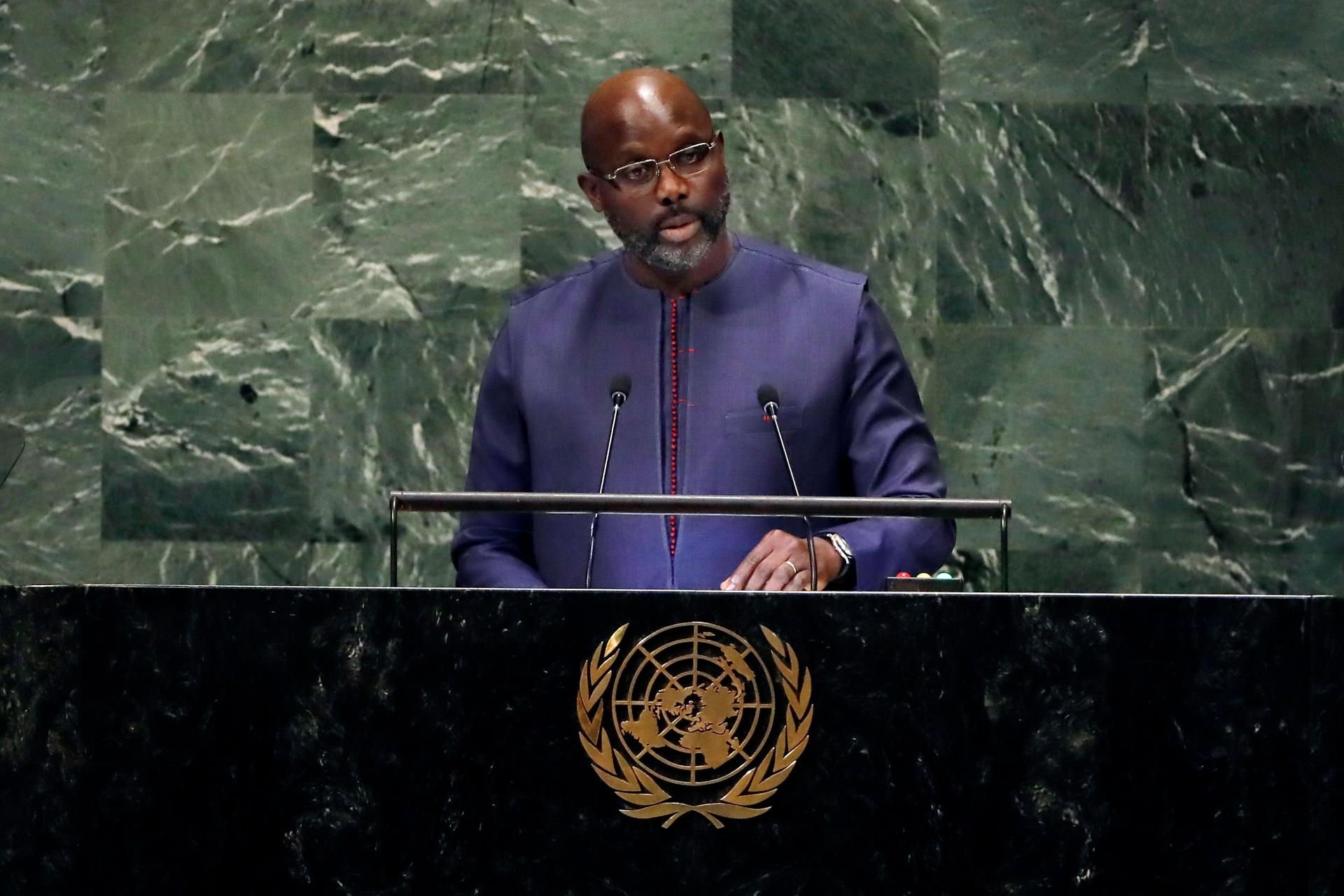 George Weah, Präsident von Liberia, vor der 73. Generalversammlung der Vereinten Nationen im September 2018