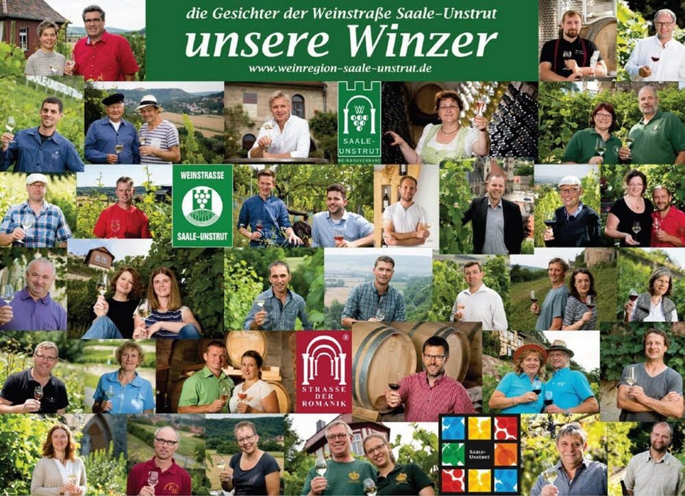 Mit einem von der Gebietsweinwerbung in Auftrag gegebenen Plakat stellen sich Winzer aus der Saale-Unstrut-Region vor. Sie können auf einen guten bis sehr guten 2017er-Jahrgang verweisen. Rund 5,5 Millionen Liter Wein werden demnach in die Flaschen kommen.
