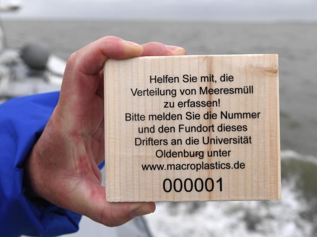 Holzdrifter mit Infotext zur Erfassung des Meeresmülls des Instituts für Chemie und Biologie des Meeres (ICBM) in Wilhelmshaven. Foto: Ingo Wagner