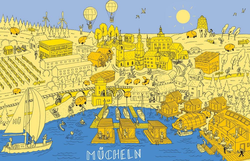 Dazu, wie sich Müchelner ihre Stadt 2030 vorstellen, gibt es diese Karikatur von Titus Ackermann. Sie zeigt etwa ein Hotel am See und eine Kegelarena.
