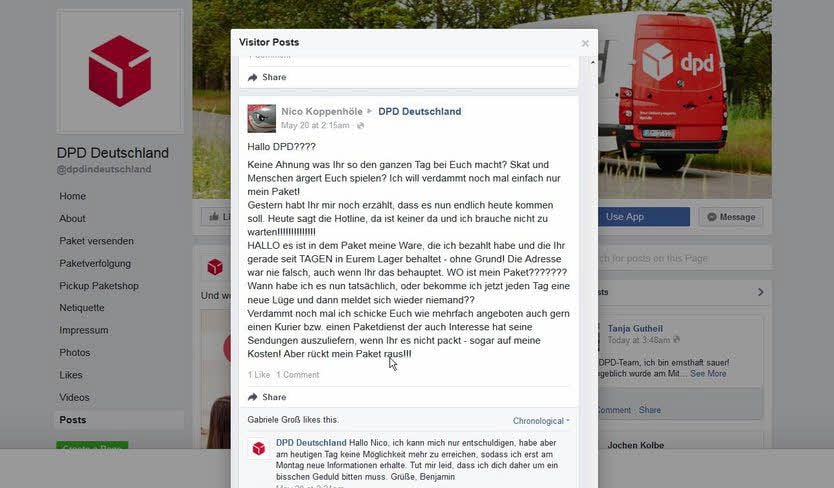 Nico Koppenhöle beschwert sich über Facebook bei dem DPD.