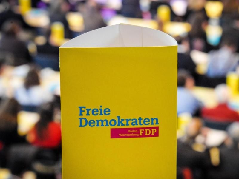 Das Logo der Partei FDP ist auf einem Pappaufsteller zu sehen. Foto: Larissa Schwedes/Archiv