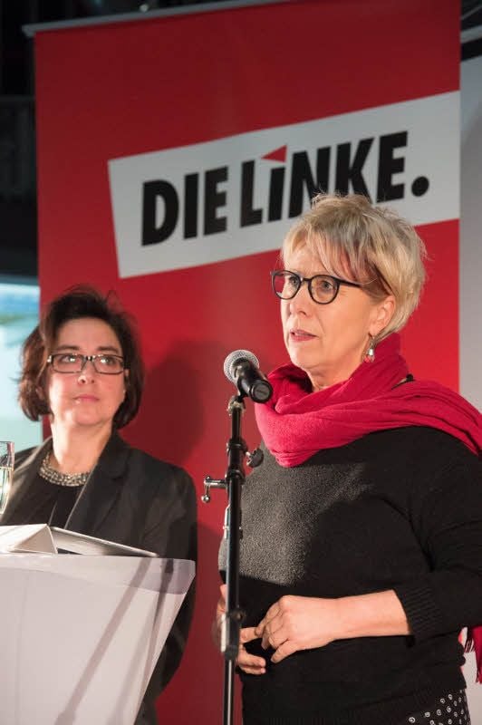 Kreisvorsitzende und Landtagsabgeordnete Katja Bahlmann (l.) sowie Bundestagsabgeordnete Birke Bull-Bischoff begrüßen die Gäste.