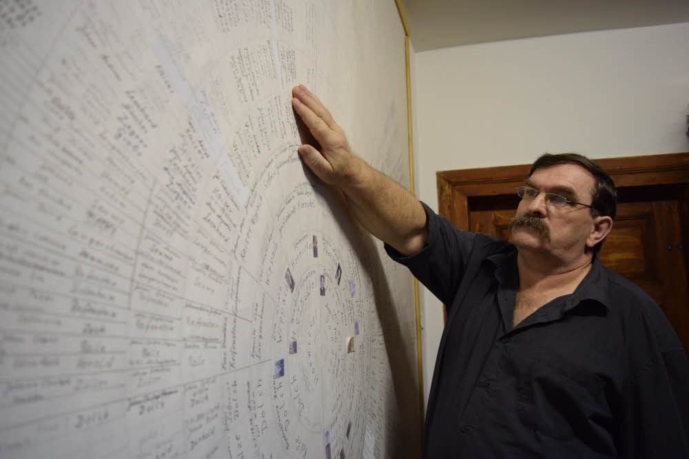 Frank Hornickel hat die Namen seiner Vorfahren 32 Generationen weit zurück recherchiert.