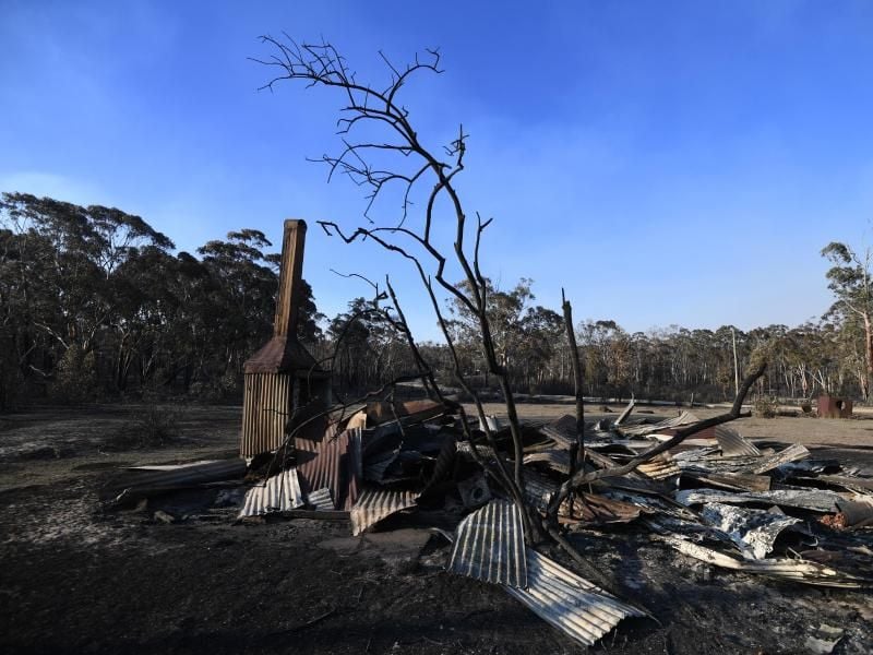 Die Überreste eines durch einen Buschbrand zerstörten Hauses liegen im Bundesstaat New South Wales um einen verbrannten Baum herum. Foto: Dan Peled/AAP/dpa
