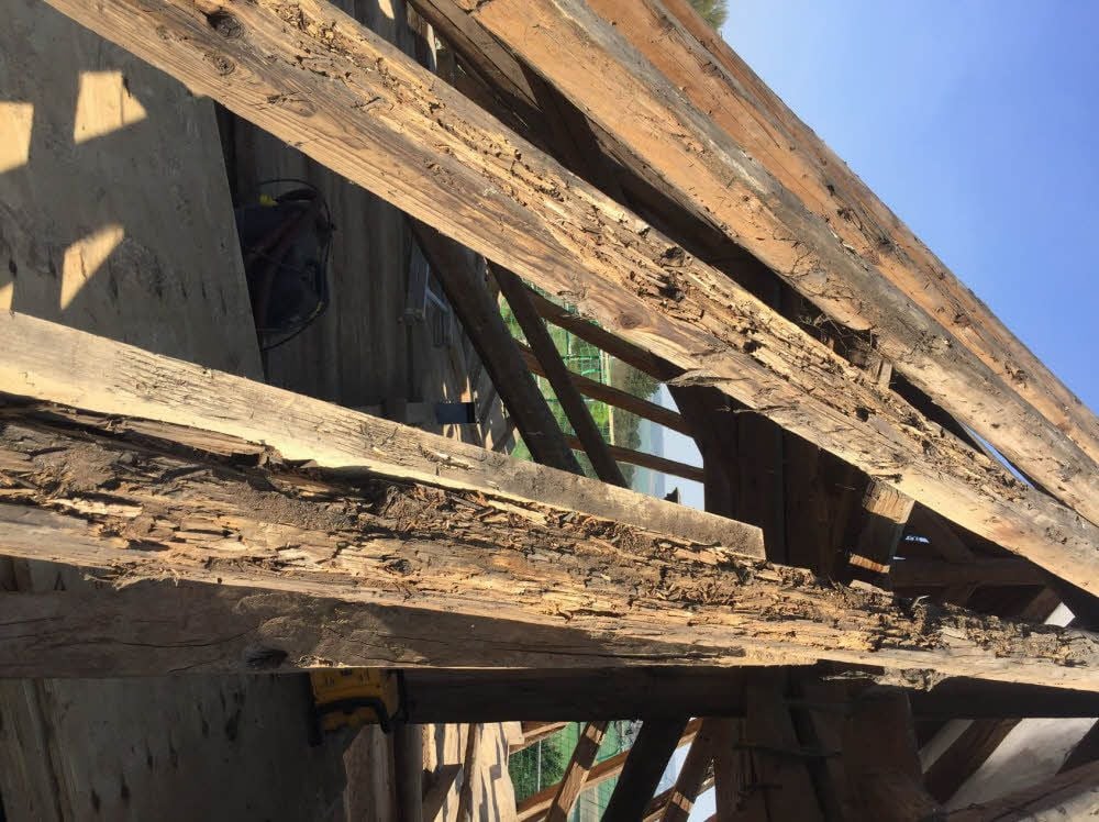 Balken des Dachstuhls waren morsch. Im Zuge der Erneuerung des Daches wurden sie ersetzt.