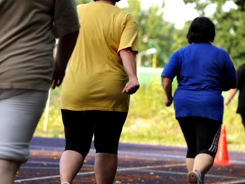 Übergewichtige Frauen und Männern beim Sport. Foto: Waltraud Grubitzsch/Illustration