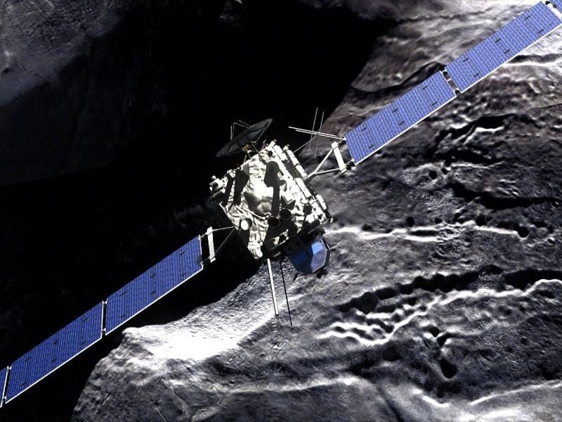Simulierte Annäherung der Raumsonde Rosetta mit dem Lander Philae an den Kometen „67P/Tschurjumow-Gerassimenko”. Foto: DLR