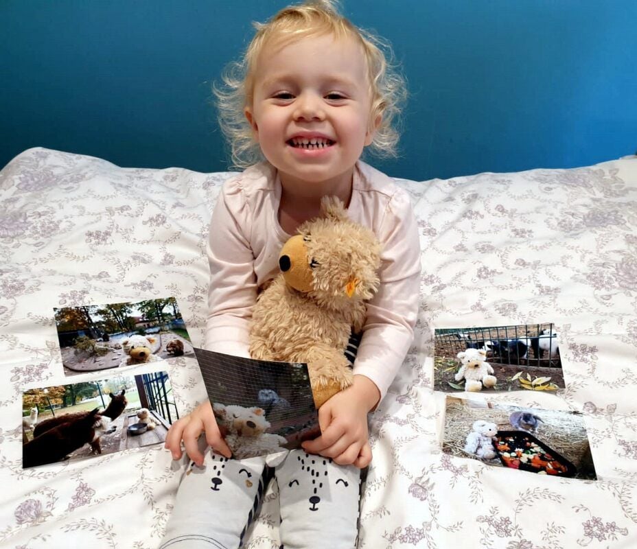 Die zweijährige Nina Wuschek mit ihrem Teddybären und den Fotos, die Tierparkleiter Philipp Herrmann aus Luckenwalde mitgeschickt hat.