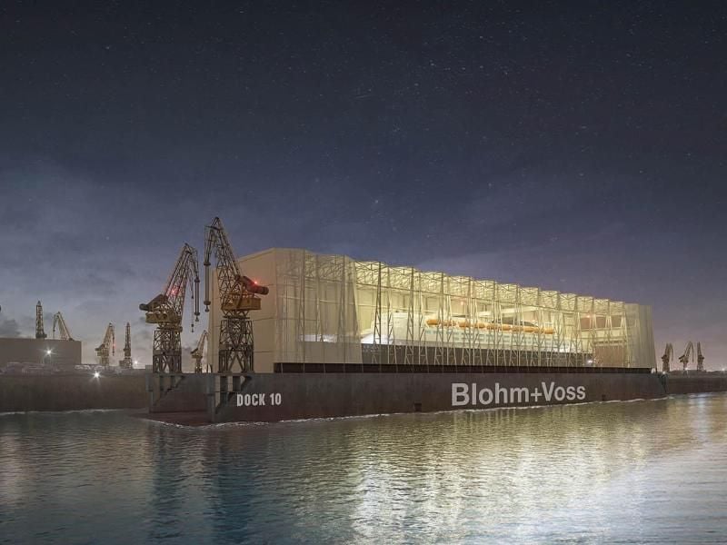 Die Visualisierung zeigt den Entwurf für die Überdachung von Dock 10 bei Blohm+Voss. Der Senat in Hamburg hatte den Architekturentwurf der Lürssen Werft für die Überdachung von Dock 10 bei Blohm+Voss vorgestellt. Foto: ---/IP-Rights: Werner Sobek / Lürssen/dpa