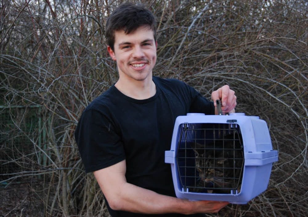 Glücklicher Retter mit glücklicher Katze: Martin Gebler kletterte ungesichert in den Baum um das Tier aus rund zehn Metern Höhe zu retten. Am Ende ging für beide alles gut aus.
