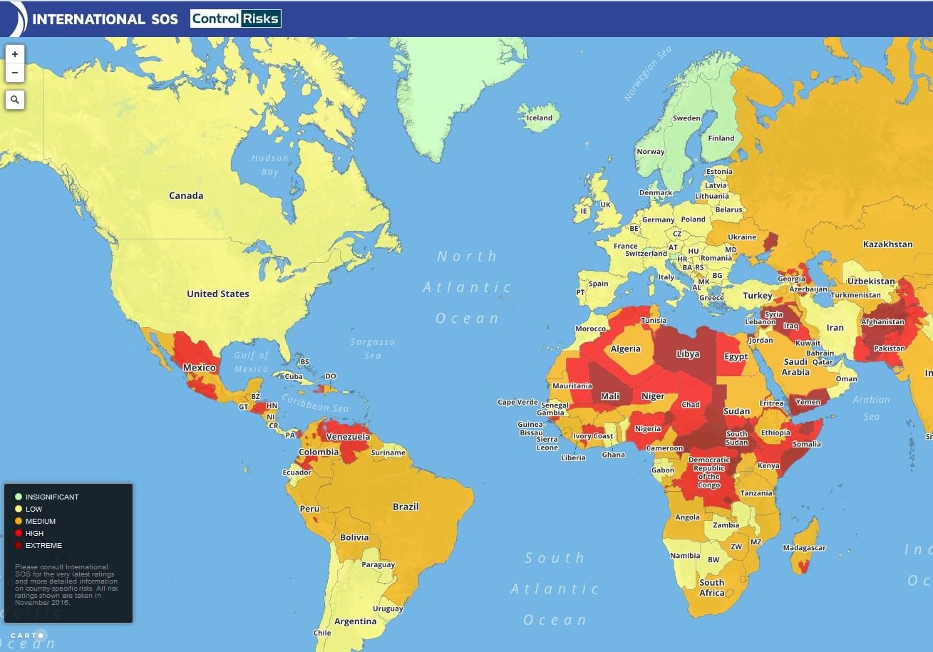 Travel Risk Map: Die Karte zeigt die gefährlichsten Länder 2017.