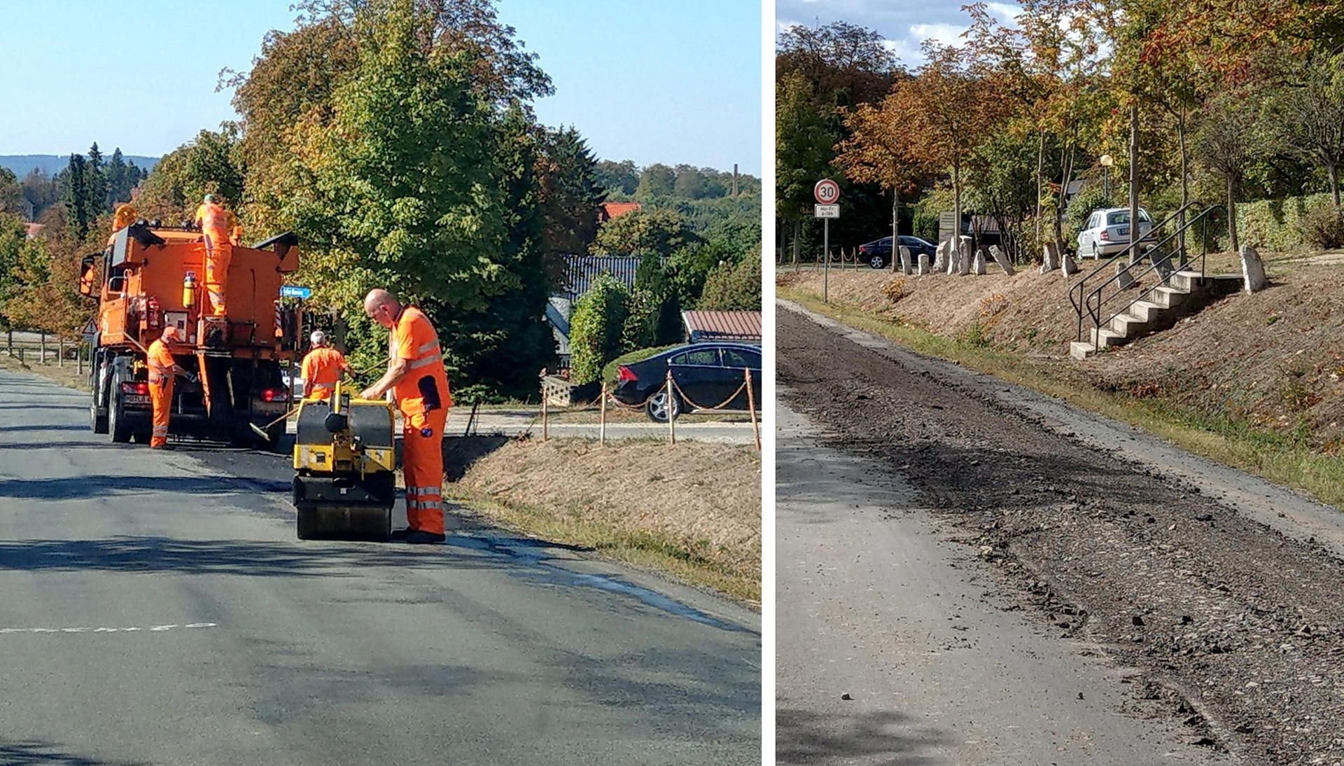 Eine Woche, nachdem Arbeiter einen Bitumenstreifen aufgetragen hatten (links), wurde er wieder abgefräst (rechts).