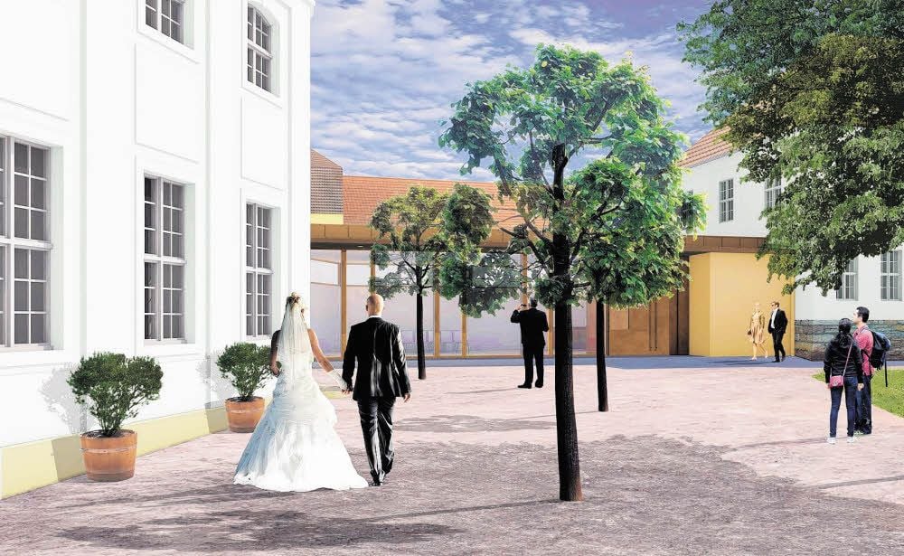 Die Visualisierung zeigt, wie Kursaal (links) und Badehaus verbunden sind. Der südlichen Park in Bad Lauchstädt erhält ein neues Bild.