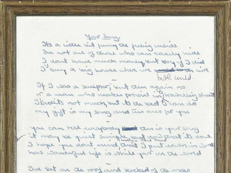 Der handgeschriebene Text von Bernie Taupin. Foto: Press Bonhams