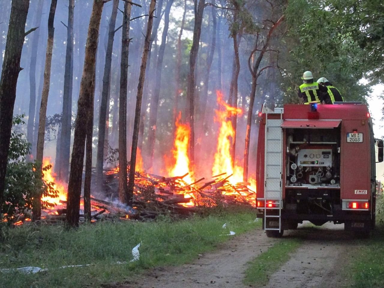 Hat der Feuerteufel wieder zugeschlagen? In Wiesigk brannte am Abend ein Waldstück.