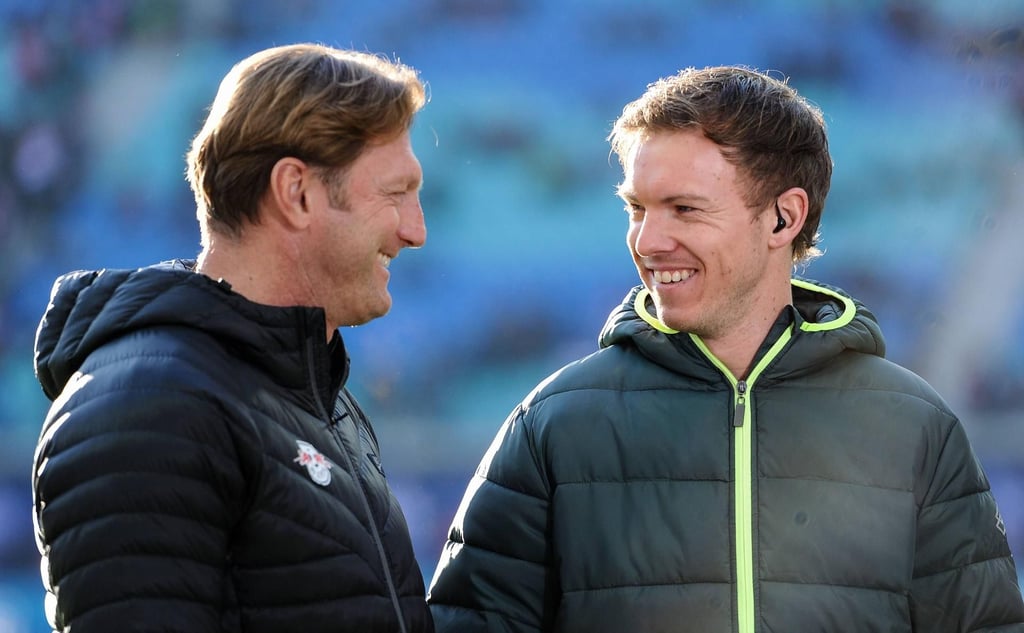 Freundliches Aufeinandertreffen: Die Trainer Ralph Hasenhüttl (RB Leipzig, l.) und Julian Nagelsmann (TSG Hoffenheim)